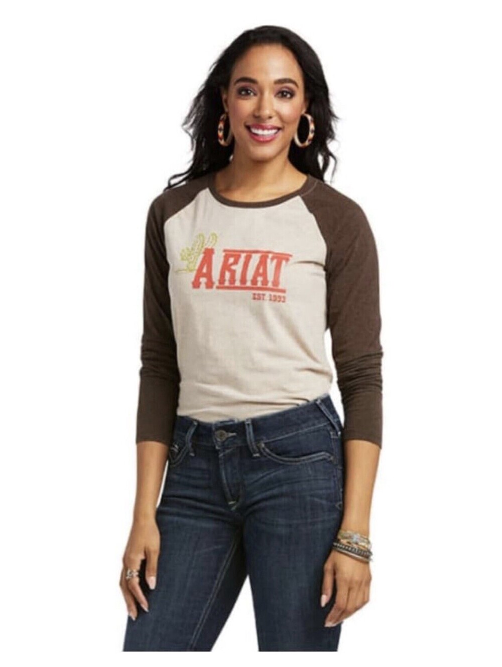 Ariat Women's REAL Cactus Graphic Baseball Long Sleeve T-Shirt Grey Brown XS